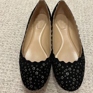 Chloé Black Scalloped Ballet Flat with Gold Flowers